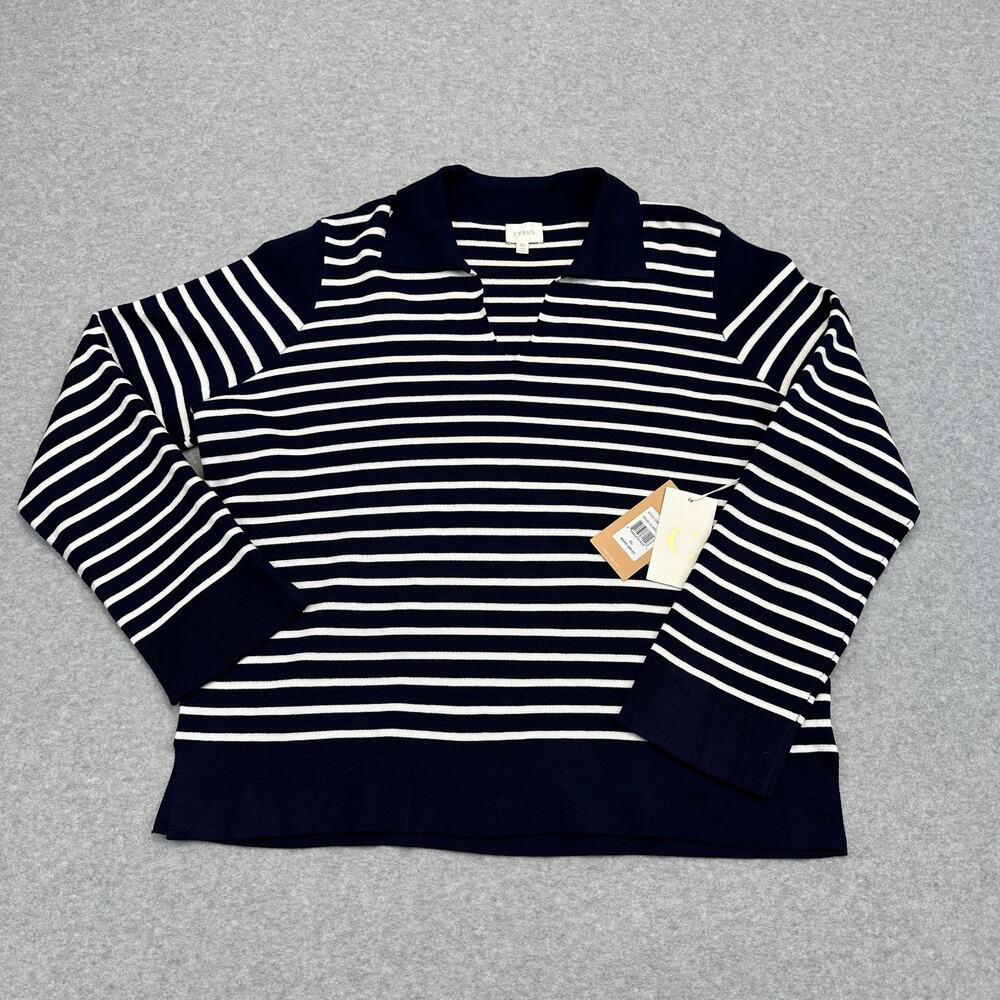 Cyrus Knitted Top WMN XL Navy White Stripe Pullover Long Sleeve Stretch Collared